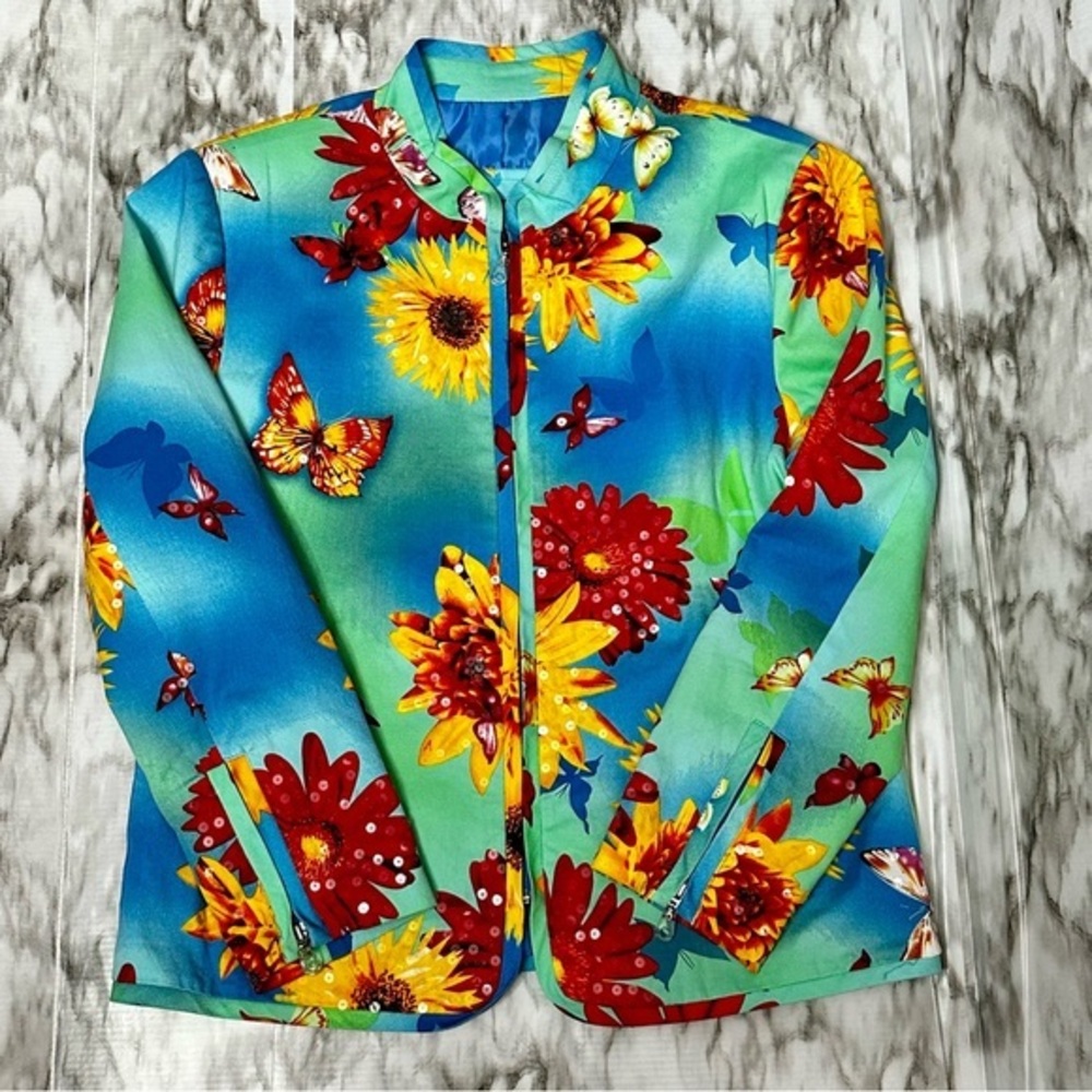 Bold Vibrant Floral Zip Blazer Jacket Redd Jeans Sz 12 Sequin Sparkle Bloomcore